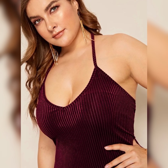 SHEIN 2019 Plus Ribbed Halter Tie Back Lace Up Velvet Bodycon Dress - Picture 4 of 6